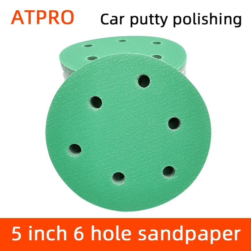 5 Inch 6 Hole Sandpaper Green Round Pneumatic Sander Flocking Car Putty Polishing Self-adhesive 125mm