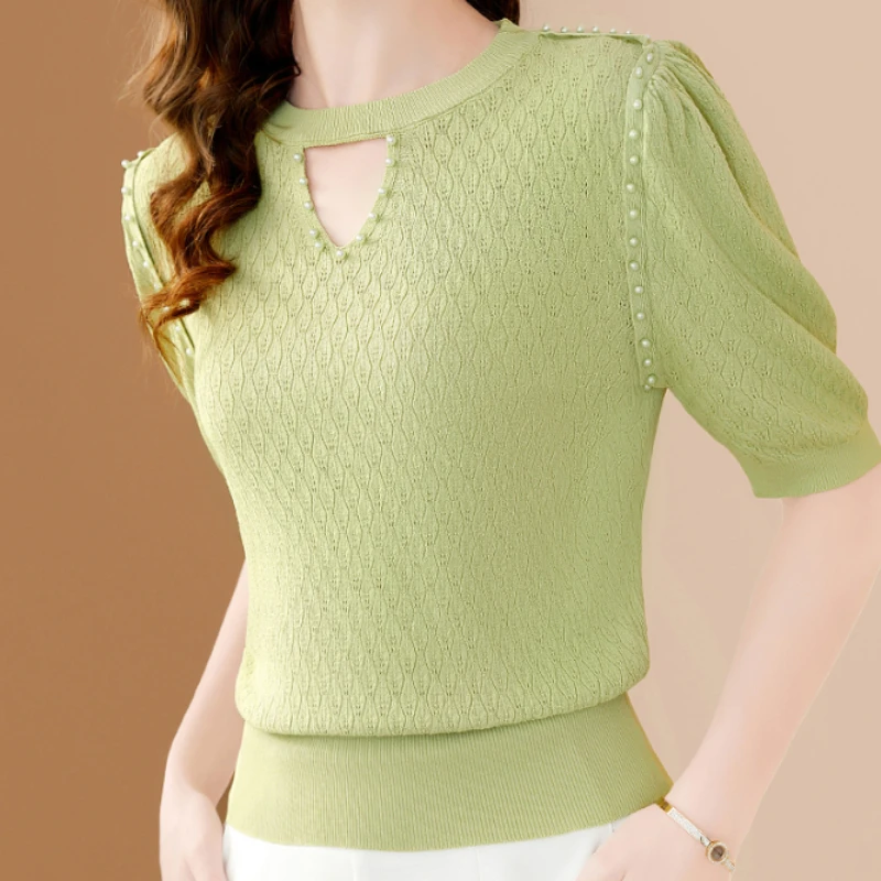 Женская шерстяная рубашка с коротким рукавом Свободный Тонкий пуловер круглым