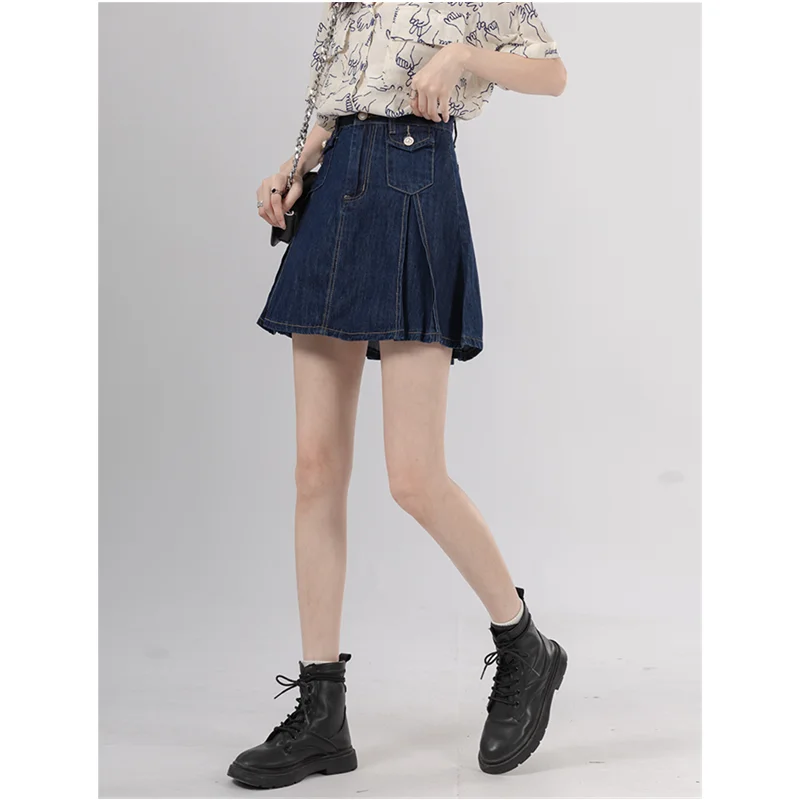 

Women's Denim Blue Half Body Skirt Pleated Vintage Baggy Casual Korean Fashion High Waist A-Line Short Skirt Ladies Summer