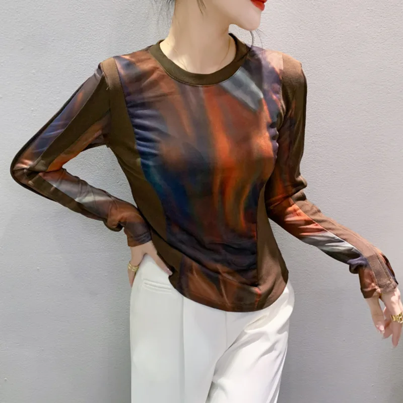 #8815 Сетчатая футболка Женская облегающая с круглым вырезом винтажная короткая