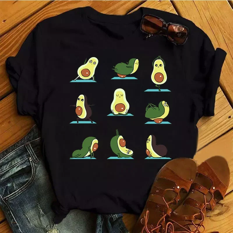

2022NEW Fashion Women T Shirt Cartoon Funny Avocado Print Tops Tee Graphic T Shirt Women Tops Black Tees Kiss 90s Girl Girls Tsh