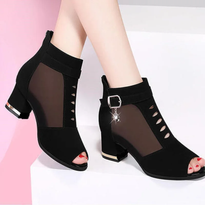 

2021 New Peep Toe Sandals Boots,Women PU Leather Summer Mesh Shoes,Low Heels,Back Zip,Female Footware,BLACK,Dropshipping