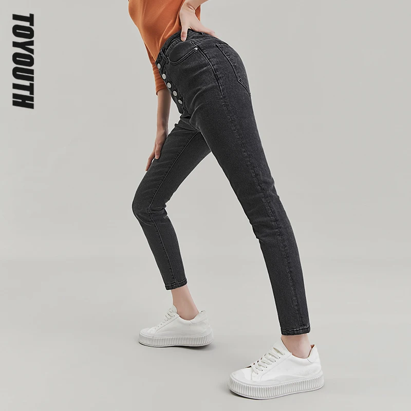 

Toyouth Women Jeans Spring Autumn High Waist Comfortable Nine Cents Pencil Trousers Chic Casual Denim Long Pants