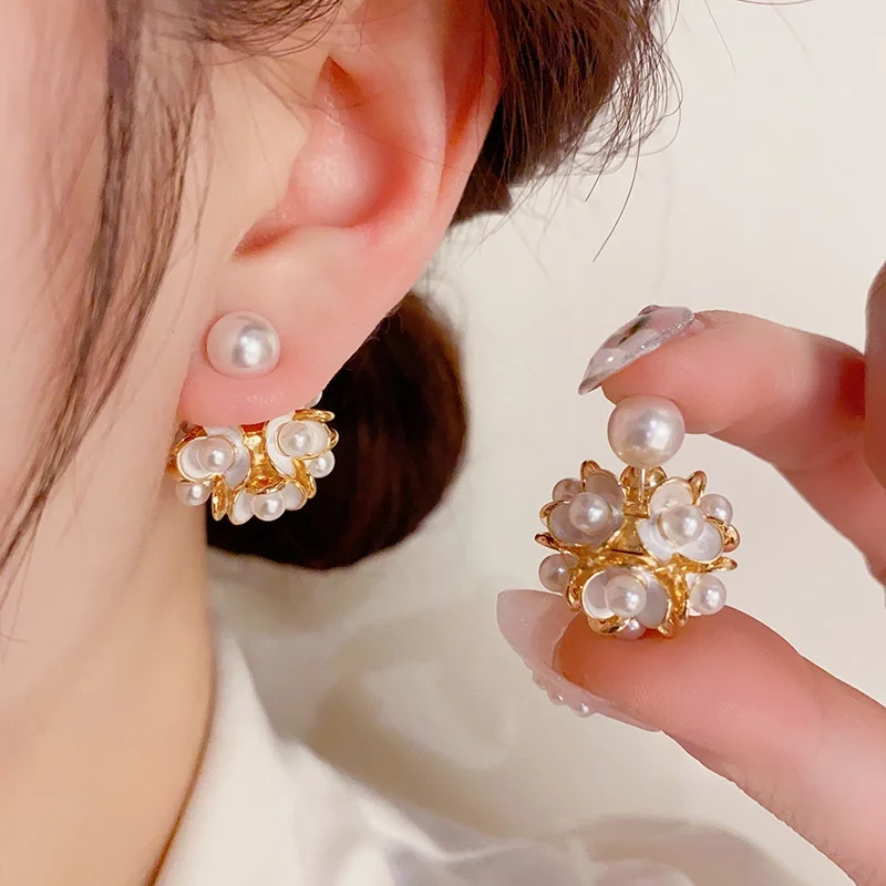 Уникальные Трехмерные серьги в виде цветка спереди и сзади с двумя изображениями жемчужных шариков, дизайнерские модные яркие Роскошные серьги @-