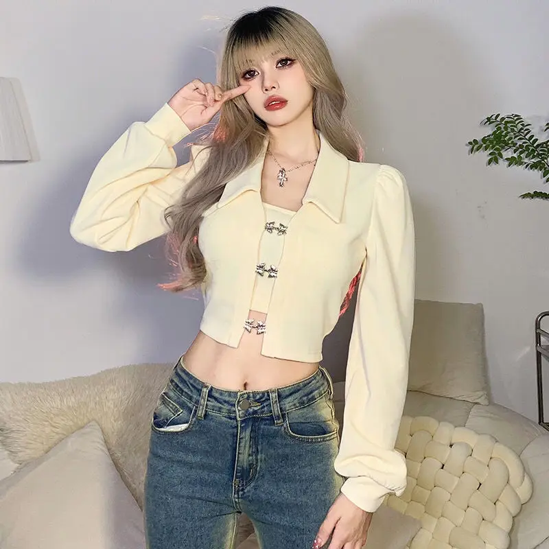 

Long Sleeve T-shirts Women Spring American Retro Style High Street Crops Hotsweet Basic Clubwear All-match Solid Camisetas Ins