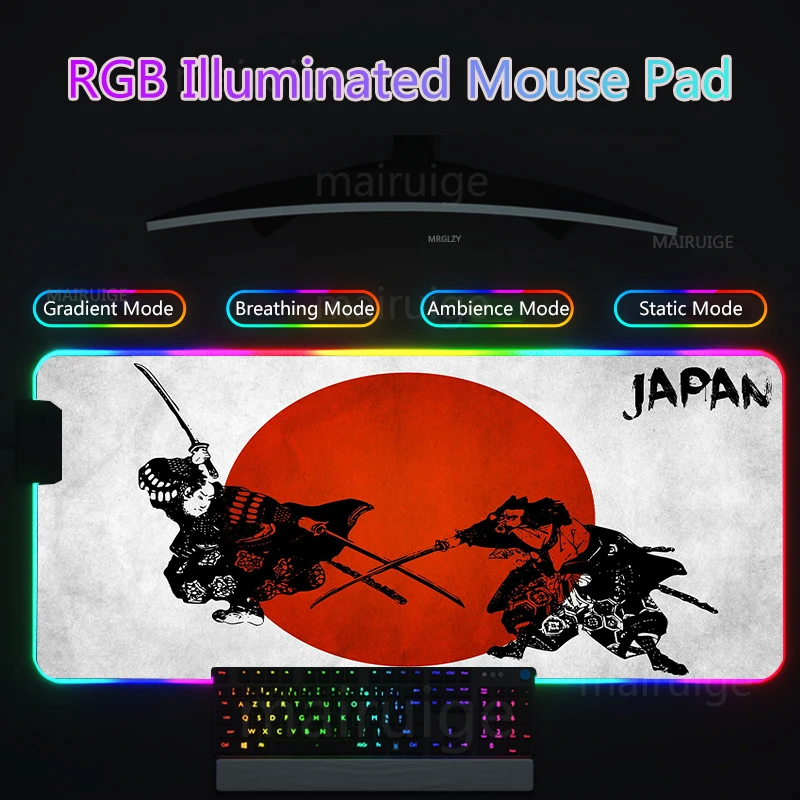 RGB Led Backlight Mouse Pad Japanese Style Rug Large Keyboard MouseMat Ninja Art Gaming Accessories Desk Mats XXL Gamer MousePad