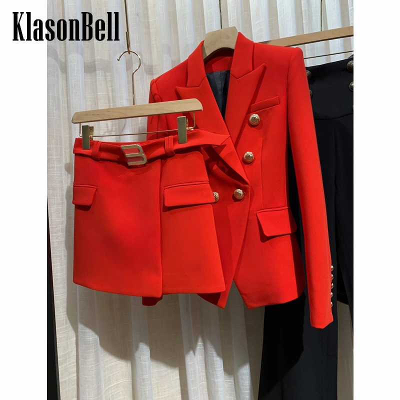 

5,18 KlasonBell темпераментный красный двубортный тонкий пиджак или с поясом Юбка трапециевидной формы для женщин