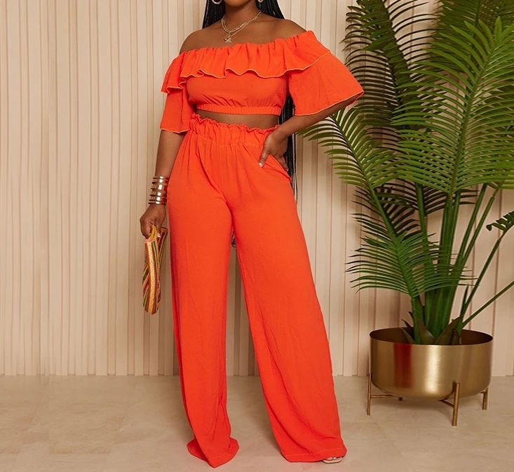 

Fashion Two Piece Sets 2023 New Autumn Women Outfit Ruffled Crop One-Shoulder Top and High-Waisted Wide-Leg Long Pants Set