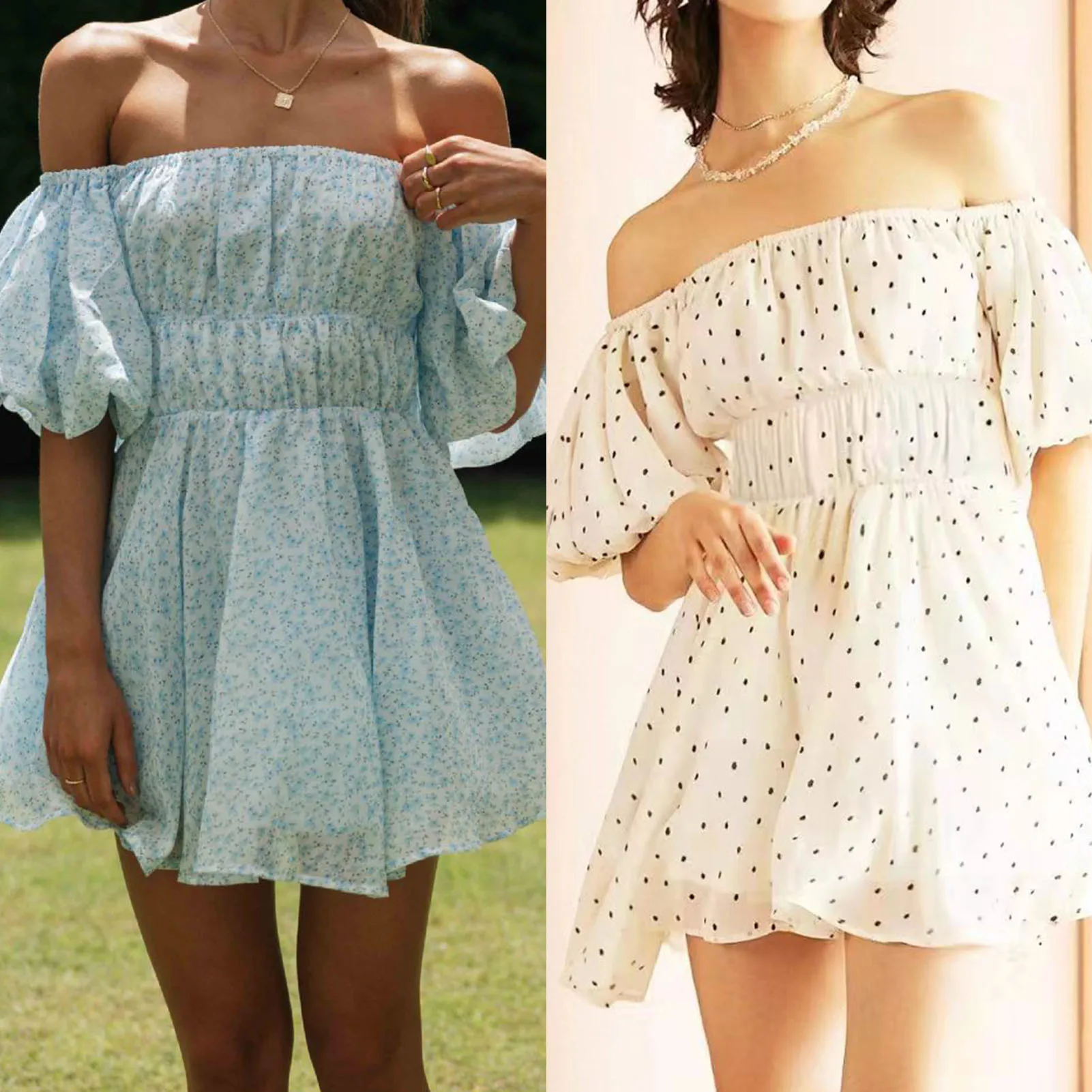

Women Summer Dress Off-Shoulder Floral/Dots Print Flared Mini Dress Casual Boho Elegant Backless Puff Sleeve Seaside Vacation