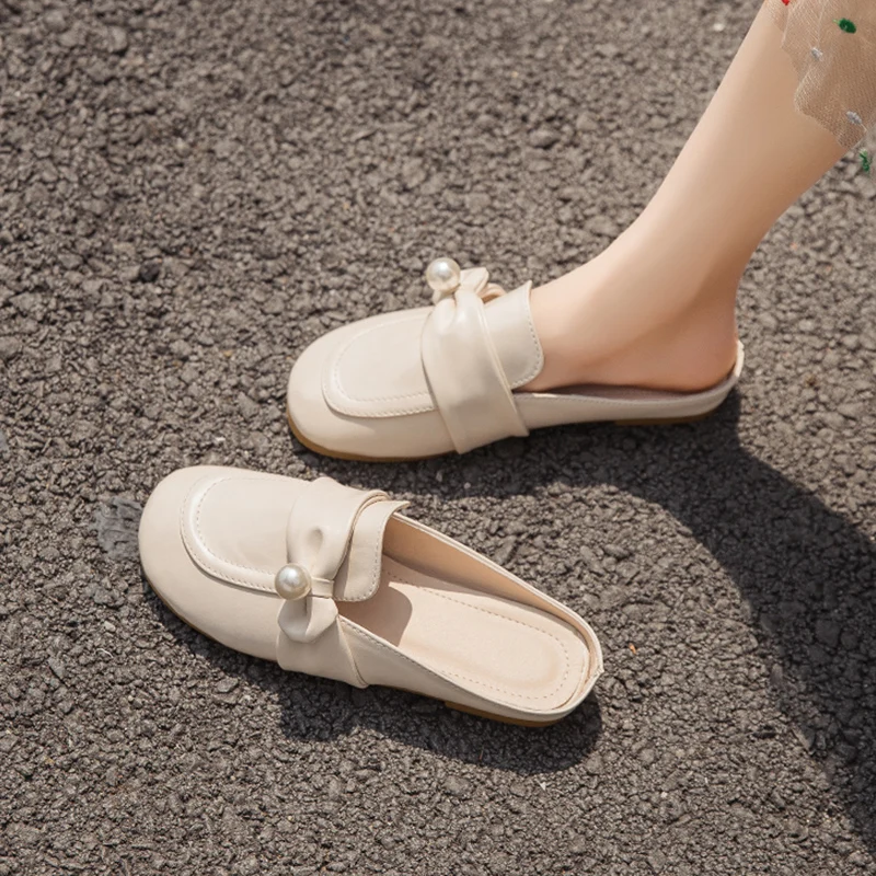 

Flat Shoes Female Cover Toe Woman's Slippers Butterfly-Knot Low Slides Mules Sexy Loafers String Bead 2022 Summer Basic Rubber B