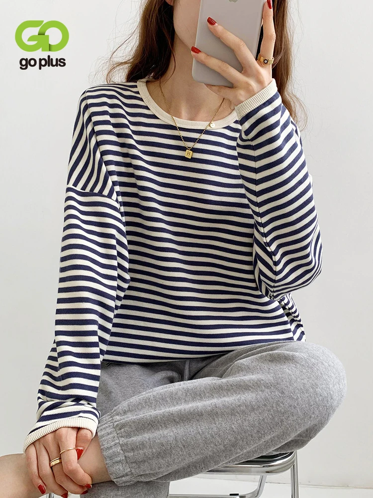 

GOPLUS T Shirts Women 2022 Striped Summer Top Korean Long Sleeve Female T Shirt Ladies Black Tops Camiseta Playeras Mujer C60218