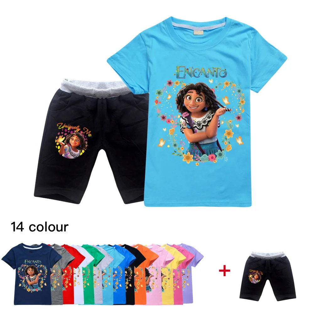 

2022 New Disney Encanto Cartoon Cotton Boys Summer Girls T Shirt with Pants Casual 2 Piece Sportswear Set 2-16Y