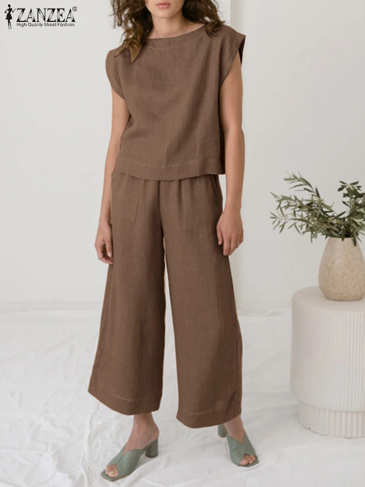 

ZANZEA Women Summer Matching Sets Suit O-Neck Sleeveless Solid Color Blouse And Elastic Waist Wide Leg Pants Femme Fashion Suit