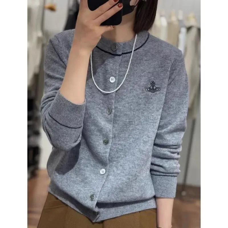 

Embroidery round neck knitted pure wool cardigan women's fashion with spring autumn loose sweater cashmere bottom coat