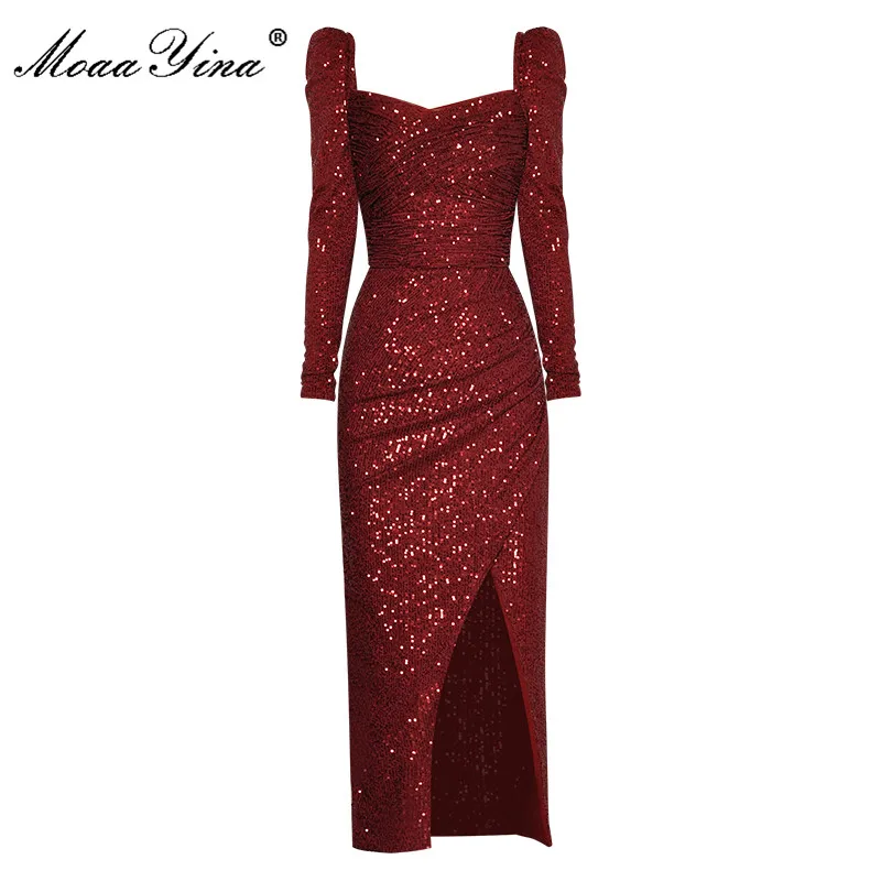 MoaaYina 2023 Spring Runway Sexy Club Party Dress Square Collar Long sleeve Split Sexy Red Backless Sequins Dresses