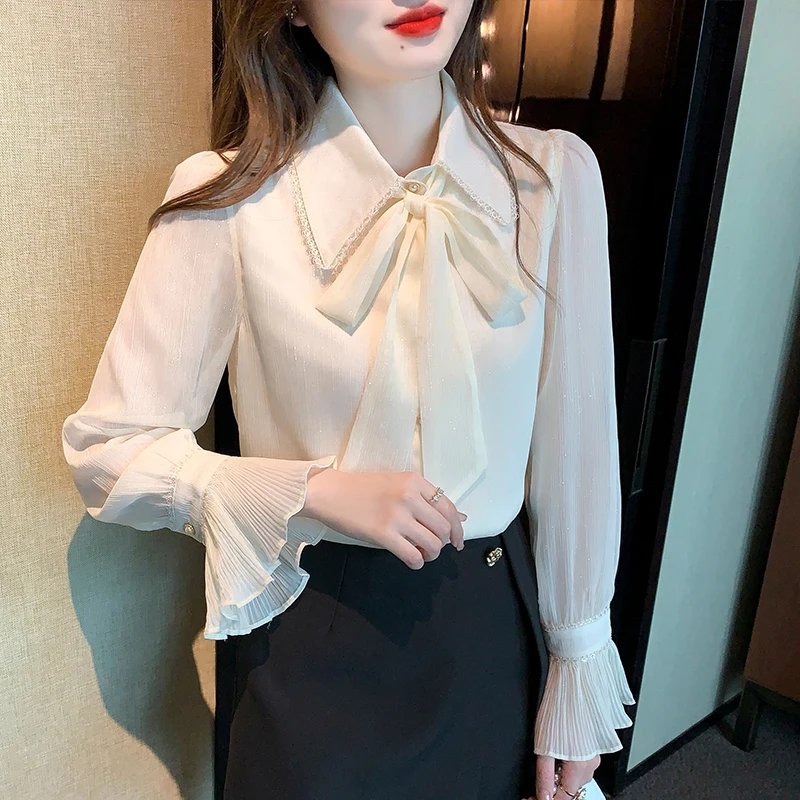 

Solid Women's Shirts Summer 2023 New Chiffon Blouses Loose Long Flare Sleeve Bow Casual Top Ladies Clothing YCMYUNYAN
