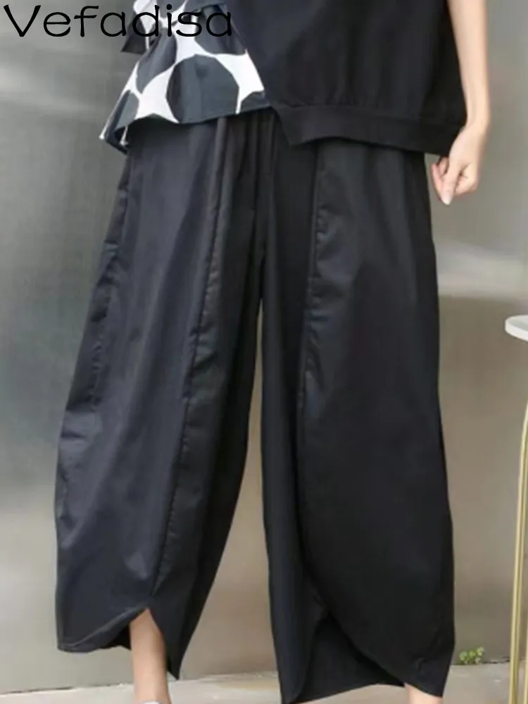 Vefadisa 2023 Summer Stylish Causal Solid Color Women Loose Capris Pants Trend Vintage High Waist Thin Wide Leg Trousers LWL428