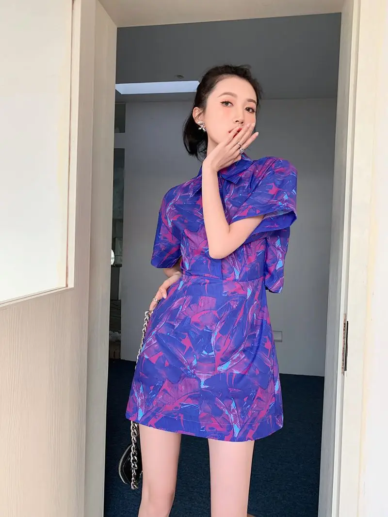 

ZCSMLL Purple Short Sleeve Summer Dress Women 2022 Cut Out Digital Print A Line Cute Mini Polo Dress Y2k Outfits Clothing