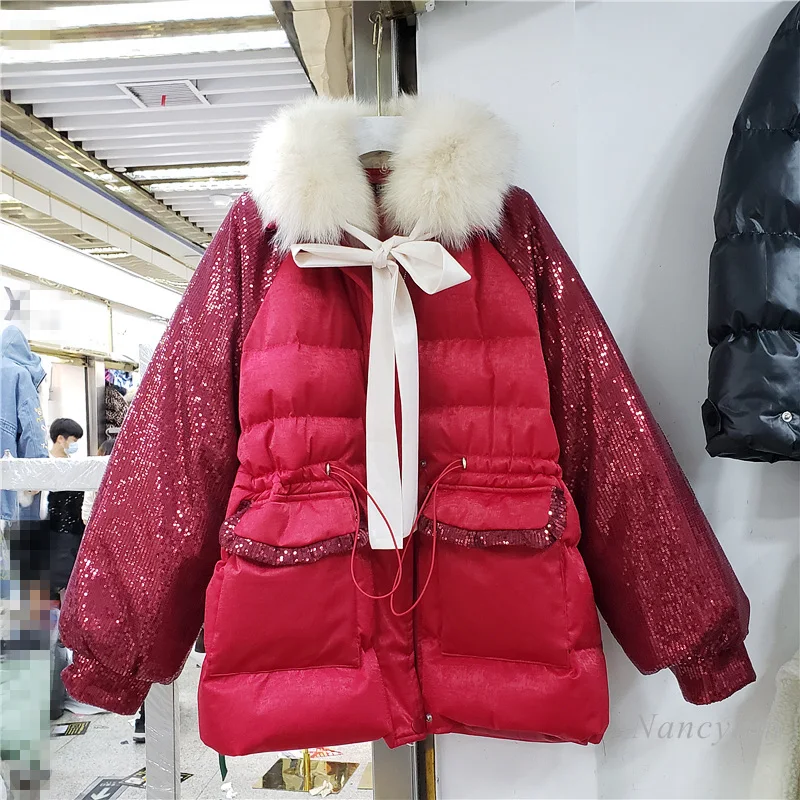 White Down Cotton-Padded Jacket Women New Winter Korean Loose Mid-Length Parkas Genuine Sequined Red Coat Fur Collar Students