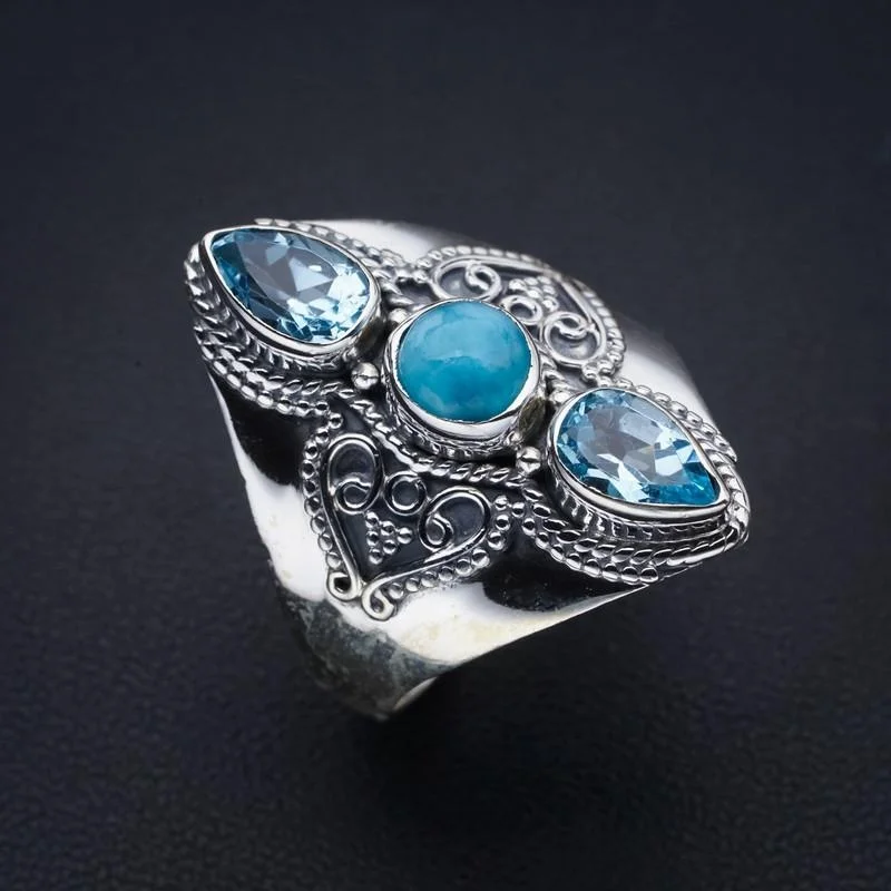 

StarGems Natural Larimar Blue Topaz Handmade 925 Sterling Silver Ring 9.75 F0691