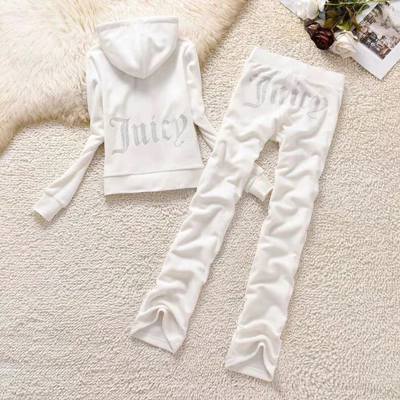 

Juicy Tracksuit 2023 Spring/Fall Fashion Diamond Encrusted Women's Long Sleeve Hoodie and Trousers Two Piece Set Velours Suit