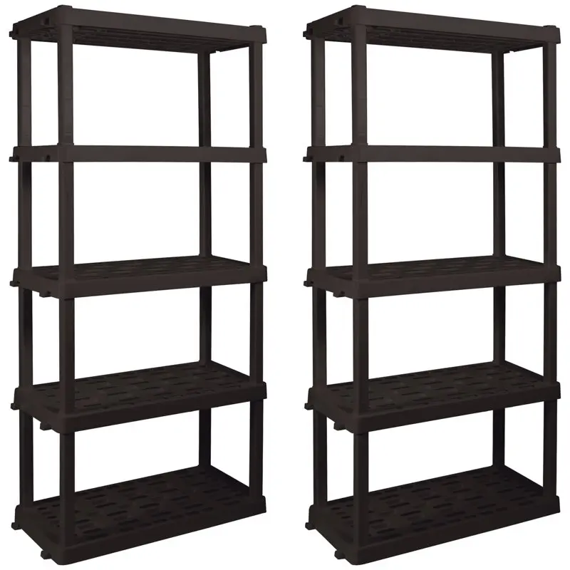 

74" H x 18" D x 36" W 5 Shelf Plastic Garage Shelves, Pack of 2 Storage Shelving, Black 750 lbs Capacity