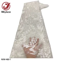 latest french tulle lace fabric high quality embroidery sequins african lace fabric 5 yards for nigerian wedding nxw 480