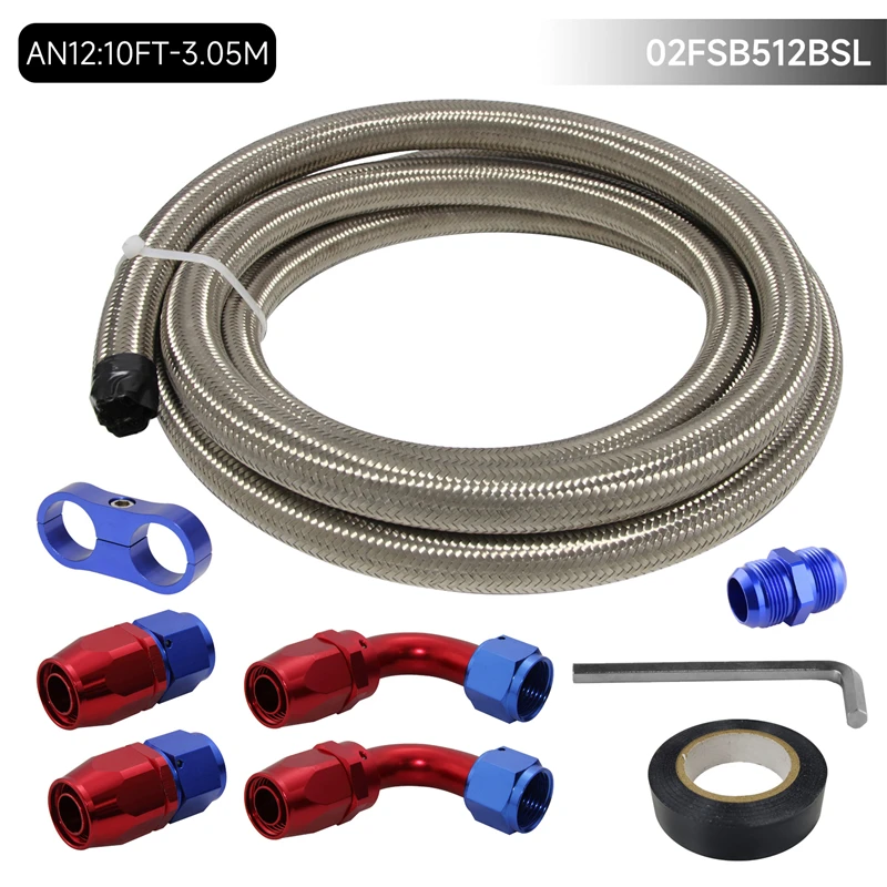 

Universal 10FT 3meters AN12 Nylon/Steel Stainless Steel Braided Gas/Oil/Fuel Line + AN12 Hose End Fitting Kit Black / Silver