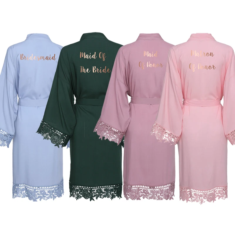 Bride Bridesmaid Robes Green Solid Cotton Kimono Robe with Lace Robe Trim Women Wedding Bridal Robe Bathrobe Sleepwear White