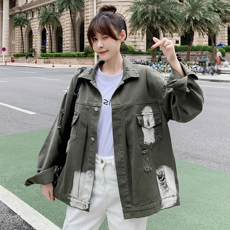 

Женская короткая джинсовая куртка Harajuku, Повседневная Зеленая куртка с длинным рукавом и градиентом, осень 2023