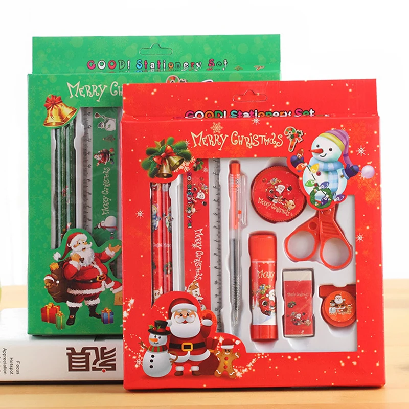 

Cute Merry Christmas Pencil Ruler Rubber Eraser Scissors Ballpoint Pen Stationery Set Gift Present for Children Kids Students