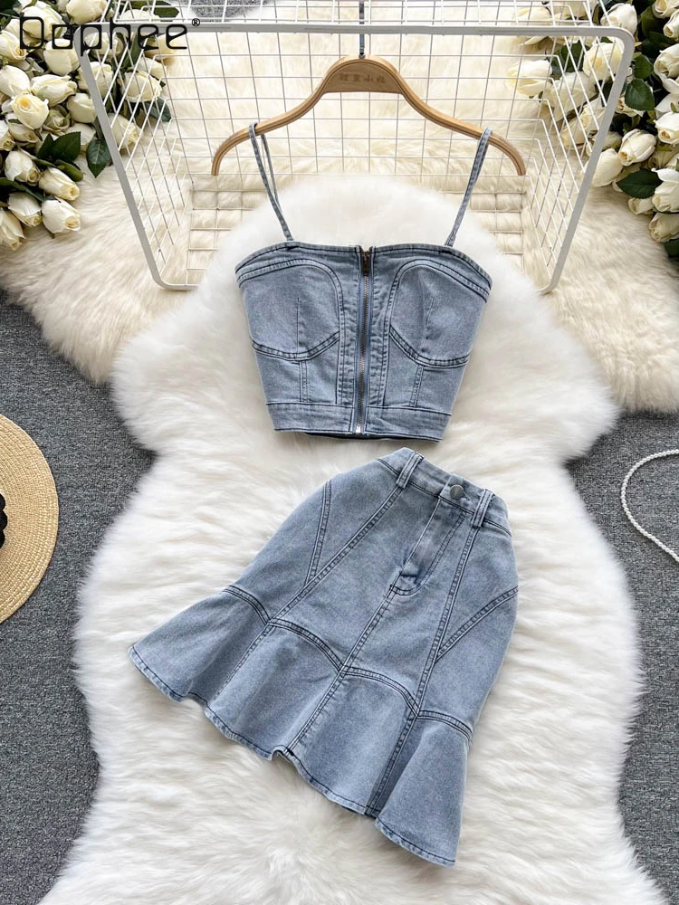 

Set Woman 2 Pieces Lolita Style Denim Off-the-Shoulder Short Camisole Women's Summer High Waist Sheath Fishtail Skirts Suit 2022