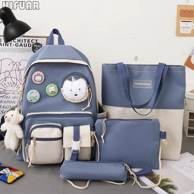 

5 Pcs Set Harajuku Women Laptop Backpack Canvas School Bags For Teenage Girls Kawaii College Student Kids Book Bag Rucksack 2022