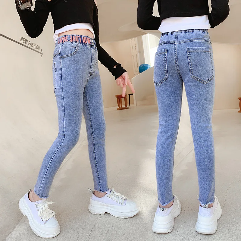 

Spring Summer Fashion New Girl Pencil Pants Jeans Teenage Elastic Waits Skinny Denim Trousers Kids Casual Solid Color Slack Pant