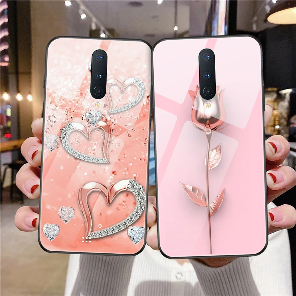 

Tempered Glass Case For Oneplus 10 9 8 7 7T Pro 8T Capa Love Heart Rose Gold Style Cover For Oneplus 9R 9RT 5G Phone Funda Coque