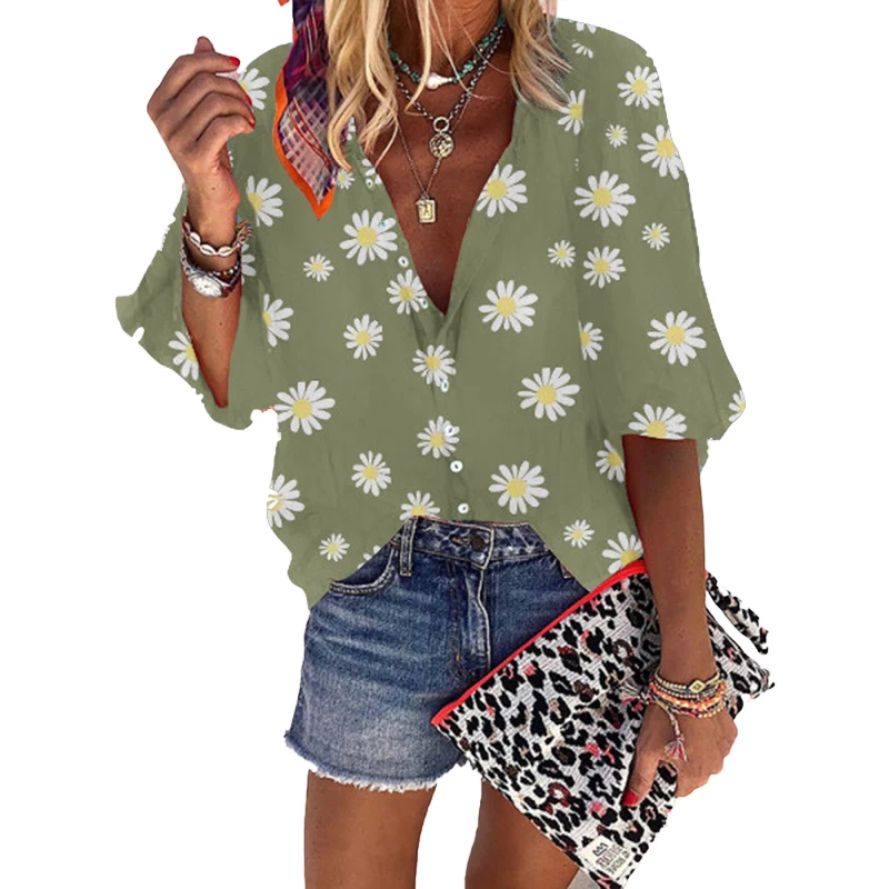 

S-5XL New Print Chiffon Blouses Women 2023 Summer Long Sleeve Elegant Ladies Turn-down Collar Button T-shirts Flowers Tops Green
