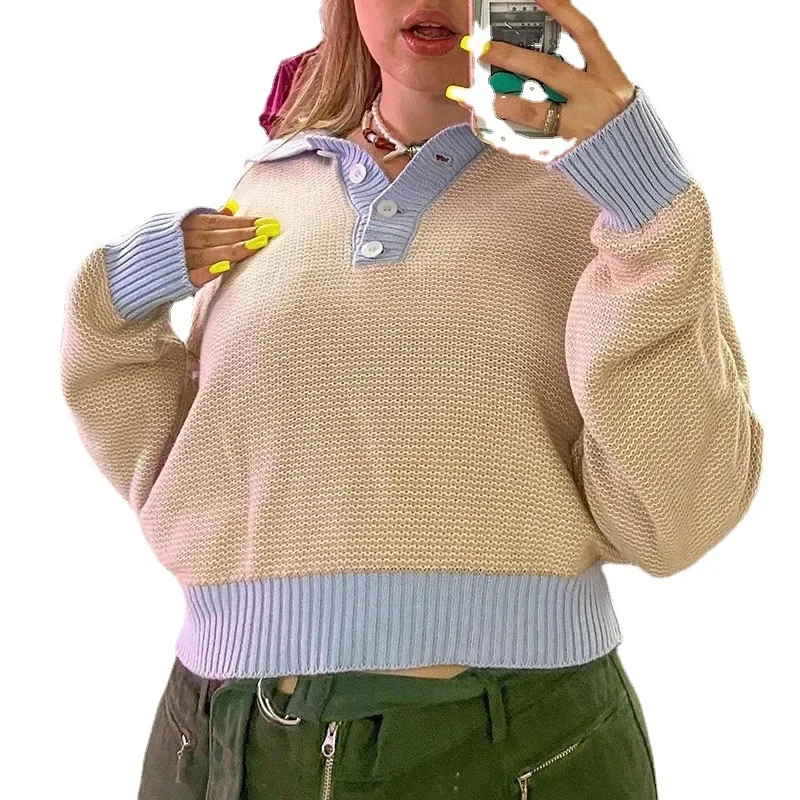 Женский трикотажный свитер на пуговицах короткий Свободный Повседневный