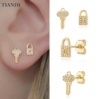 tiande silver color gold plated stud earrings for women zircon piercing lock key huggie earrings 2022 fashion jewelry wholesale
