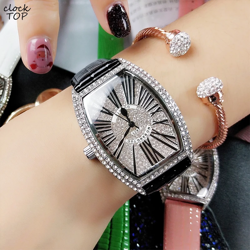 Ladies Diamond Watch Women Tonneau Dial Stone Iced Out Female Girls Wristwatch Rhinestone Luxury Genuine Leather Reloj