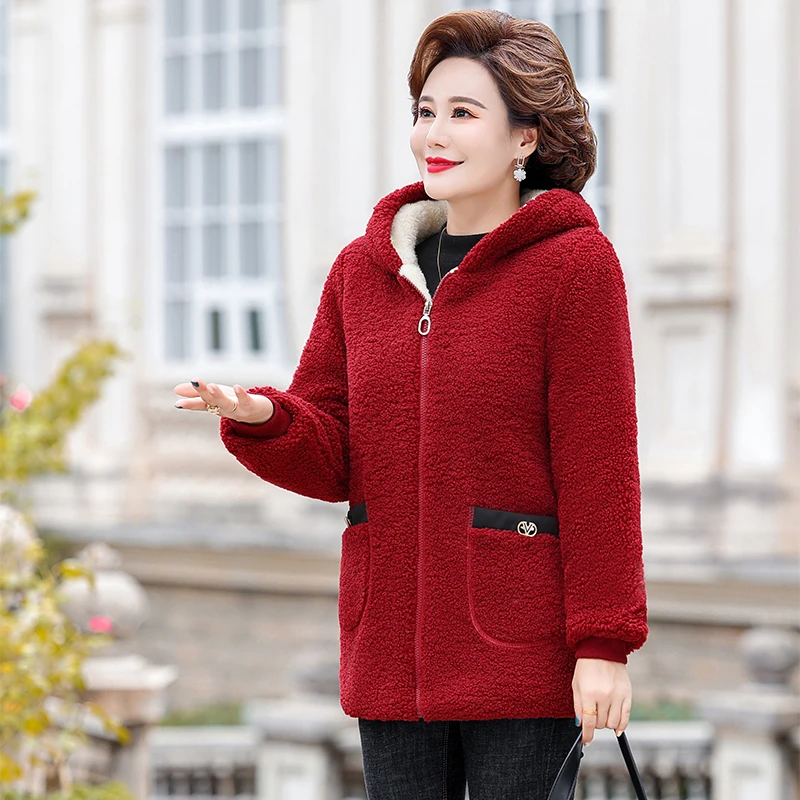 Middle-aged Mothers Faux lamb Wool Coat Hooded Autumn Winter Thicken Loose Outerwear Female Jacket Parkas Casual Tops