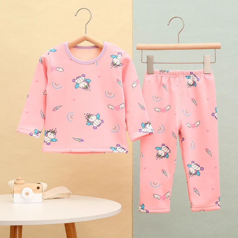

3-8 Years Old New Children's Fleece Thermal Underwear Suit Polyester Fiber Soft Treatment Cute Cartoon Printing