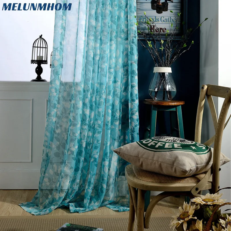 Простые голубые тюлевые оконные шторы с принтом для гостиной Ретро прозрачные