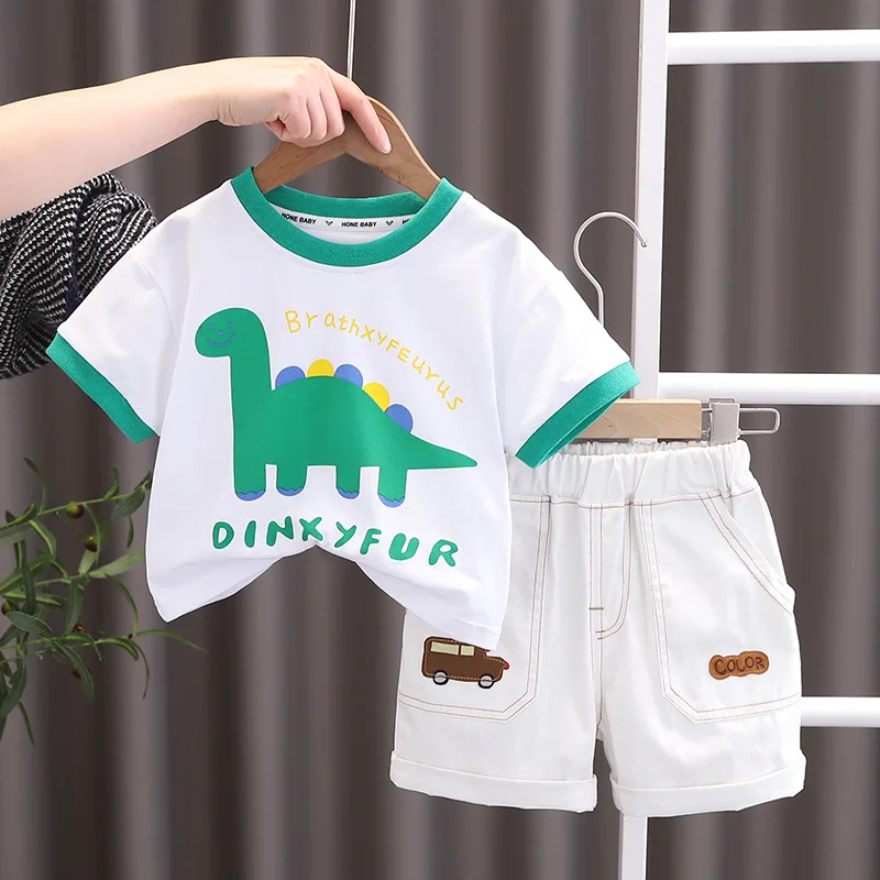 

New Summer Child Clothes Sets Short Sleeve O Neck Print Cartoon Dinosaur White 2 Piece Sets Designer Boys Clothes Sets 12M-5T
