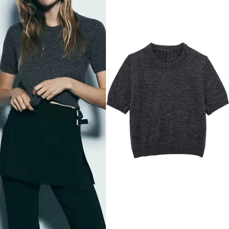 

TRAF Autumn Gray Short Sleeves Wrap Sweater For Woman Chic Round Neck Fitted Cropped Knit Tops Korean Style Rib Trim Pullovers