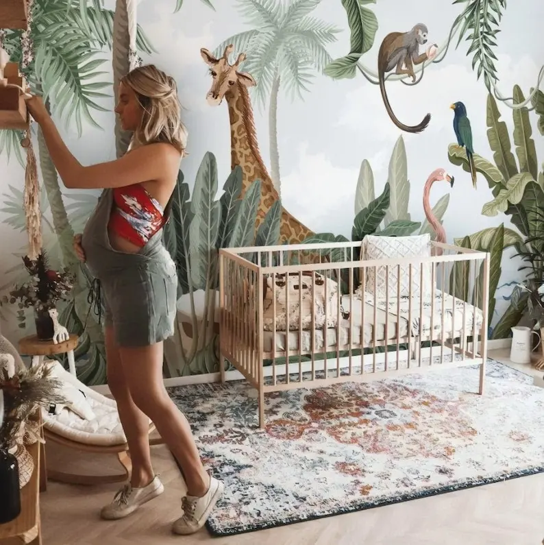 

Kids Wallpaper Peel and Stick Cute Tropical Animals with Plants Wall Murals