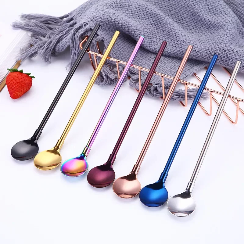 

2022New New Eco-Friendly Stainless Steel Long Metal Drinking Straw with Spoon Stirring Gift Brushes Yerba Mate Teaspoon Bar Acce