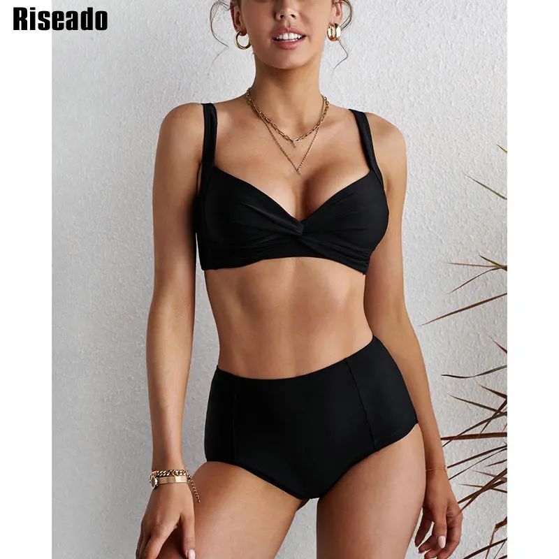 

Riseado High Waist Bikini Sexy Twisted Swimwear Women Solid Swimsuits 2022 New Ruched Bathing Suits Straps Biquini Set Beachwear