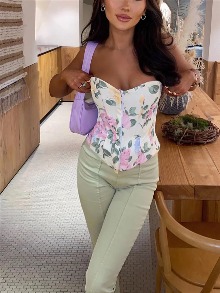 

Женский облегающий Топ без бретелек, элегантный розовый топ с цветочным принтом в стиле High Street, майки без рукавов с открытой спиной для деву...