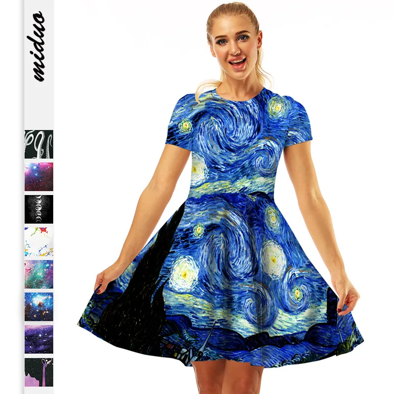 

Hot selling digital print dress design sense waist collection fashion personality A-line skirt women's wear