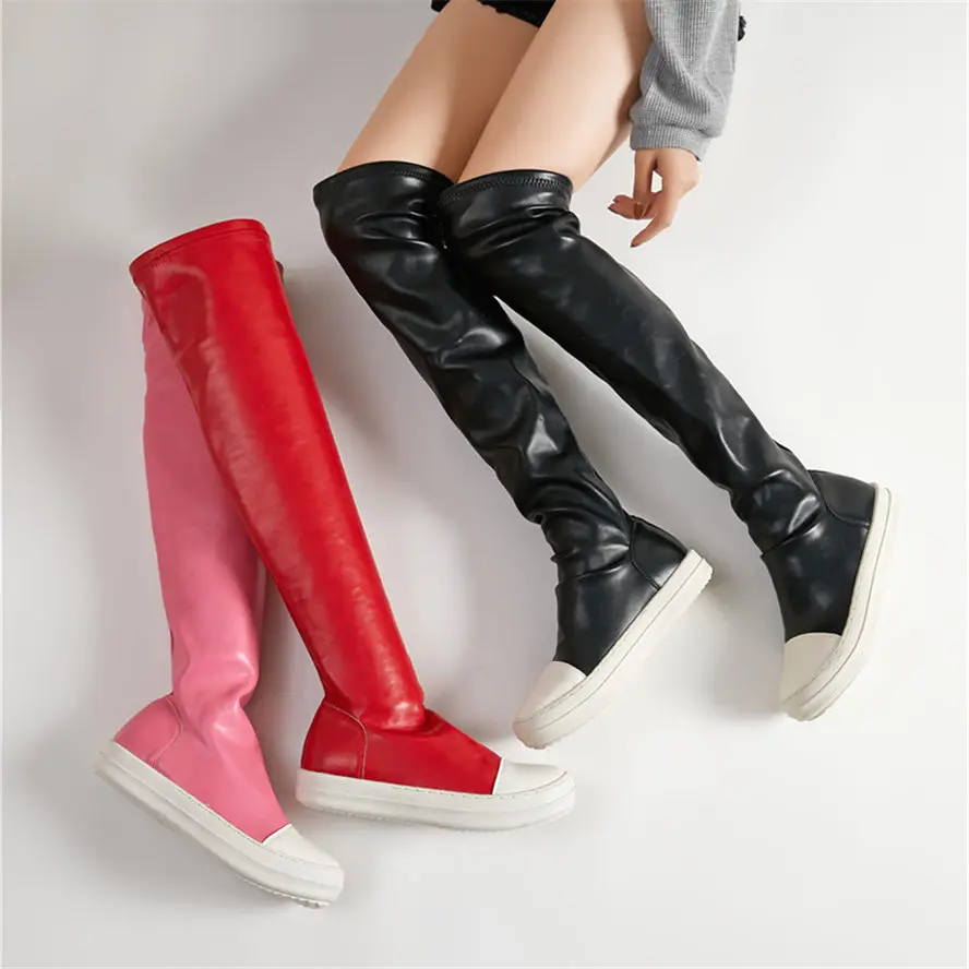 

Punk Goth Fashion Sneaker Women Thigh High Over the Knee Boots Flat Heel Pull On Oxfords Round Toe Comfort Shoe